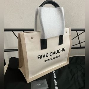 NEW YSL Saint Laurent Rive Gauche linen leather tote bag